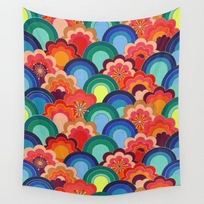 70s rainbow flowers sunset colors Wall Tapestry