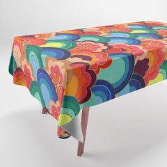 70s rainbow flowers sunset colors Tablecloth