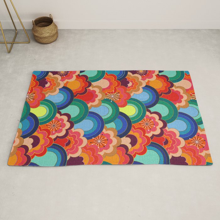 70s rainbow flowers sunset colors Rug