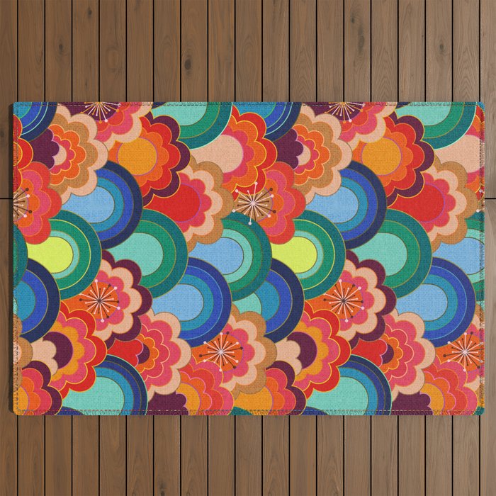 70s rainbow flowers sunset colors Outdoor Rug