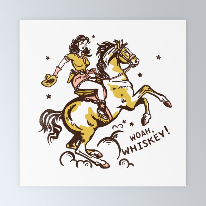 "Woah Whiskey" Western Pin Up Cowgirl & Her Horse Mini Art Print