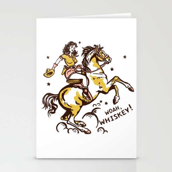 "Woah Whiskey" Western Pin Up Cowgirl & Her Horse Stationery Card