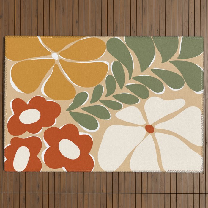 70s boho botanical flowers   Outdoor Rug