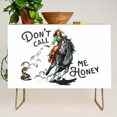 "Don't Call Me Honey" Cowgirl On Horseback Shooting a Rattlesnake Credenza