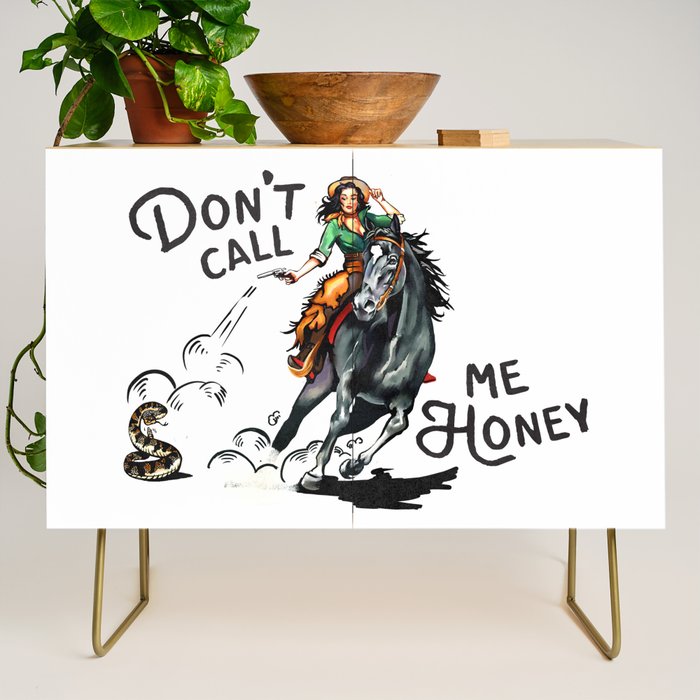"Don't Call Me Honey" Cowgirl On Horseback Shooting a Rattlesnake Credenza