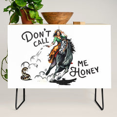"Don't Call Me Honey" Cowgirl On Horseback Shooting a Rattlesnake Credenza