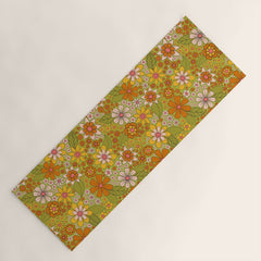 1960s, 1970s Retro Floral in Green, Pink & Orange - Flower Power Yoga Mat