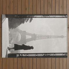 1920 Woman at the Gate, Eiffel Tower black and white photography / jazz age black & white photograph Outdoor Rug