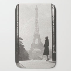 1920 Woman at the Gate, Eiffel Tower black and white photography / jazz age black & white photograph Bath Mat