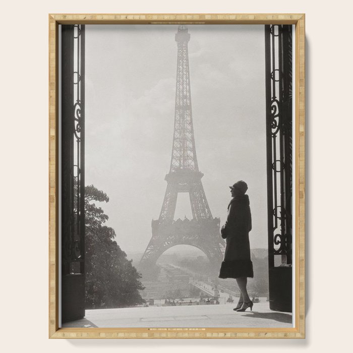 1920 Woman at the Gate, Eiffel Tower black and white photography / jazz age black & white photograph Serving Tray