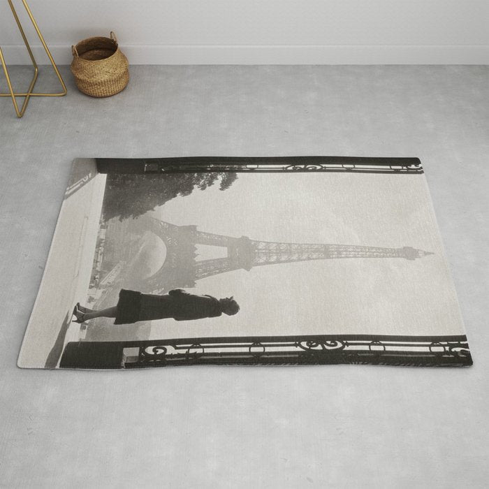 1920 Woman at the Gate, Eiffel Tower black and white photography / jazz age black & white photograph Rug