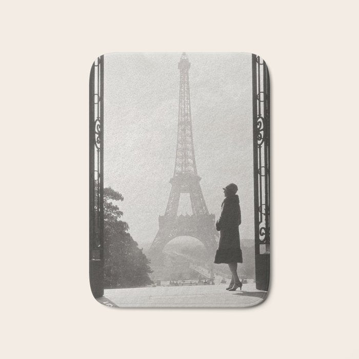 1920 Woman at the Gate, Eiffel Tower black and white photography / jazz age black & white photograph Bath Mat