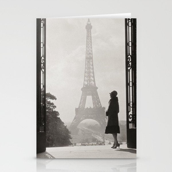 1920 Woman at the Gate, Eiffel Tower black and white photography / jazz age black & white photograph Stationery Card