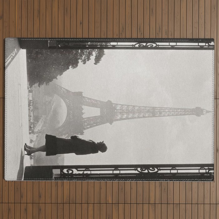 1920 Woman at the Gate, Eiffel Tower black and white photography / jazz age black & white photograph Outdoor Rug