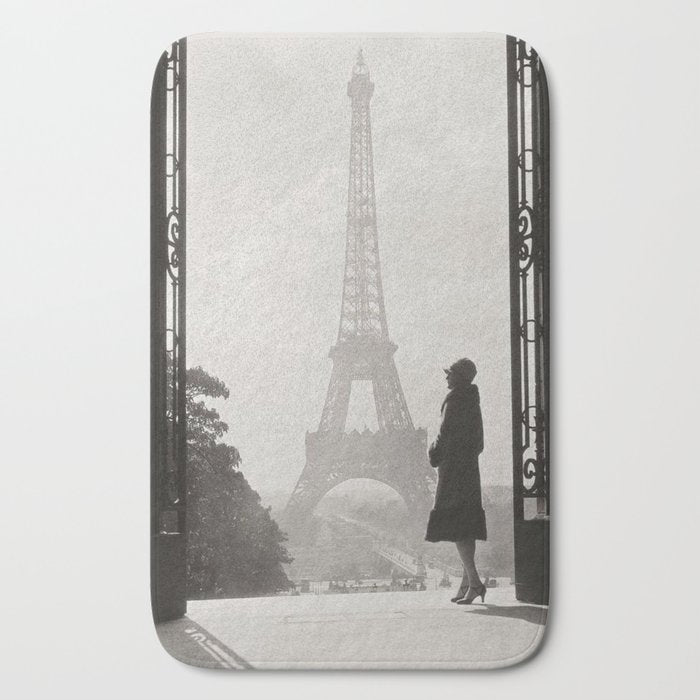 1920 Woman at the Gate, Eiffel Tower black and white photography / jazz age black & white photograph Bath Mat