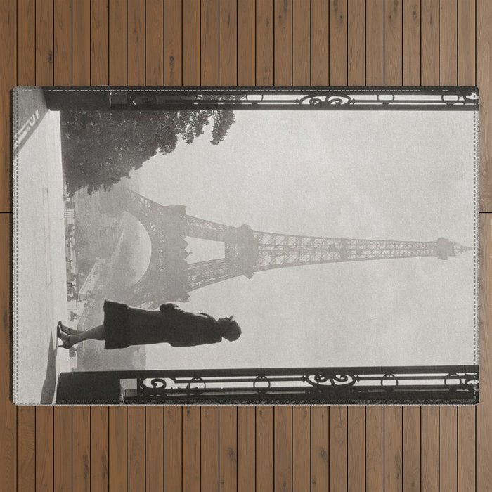 1920 Woman at the Gate, Eiffel Tower black and white photography / jazz age black & white photograph Outdoor Rug