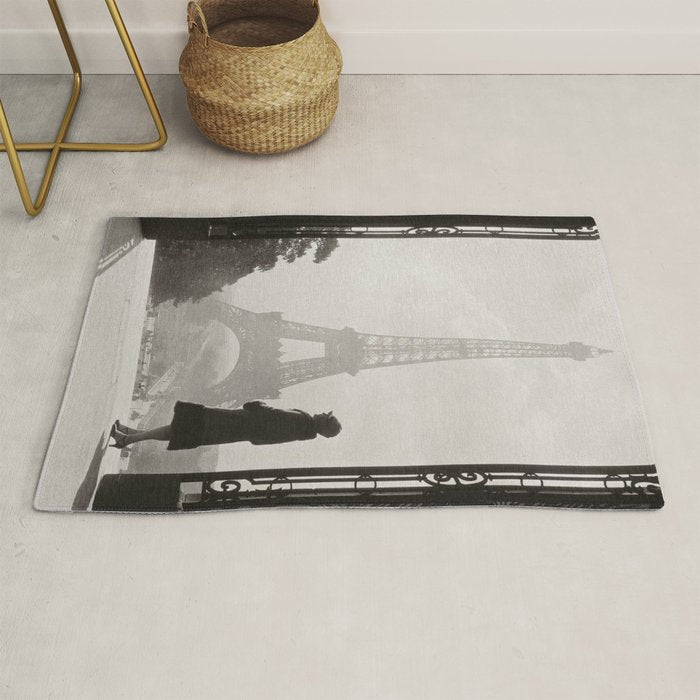 1920 Woman at the Gate, Eiffel Tower black and white photography / jazz age black & white photograph Rug