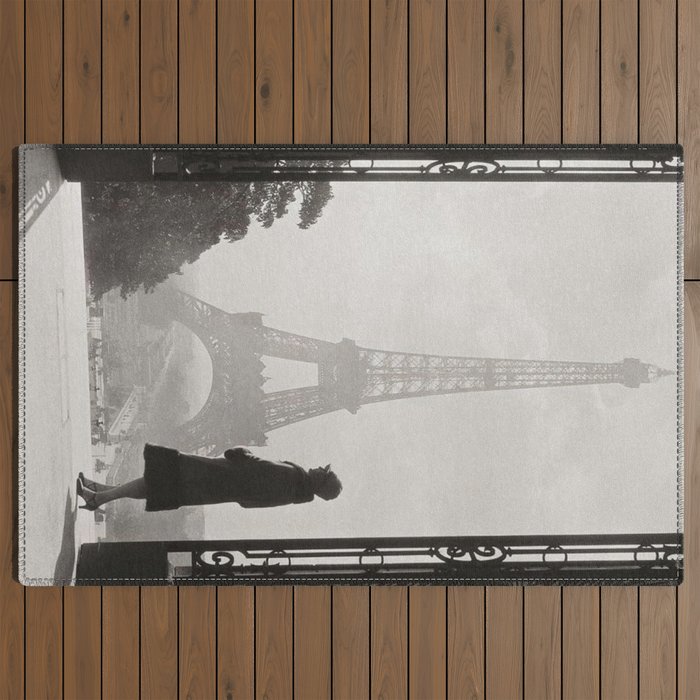 1920 Woman at the Gate, Eiffel Tower black and white photography / jazz age black & white photograph Outdoor Rug