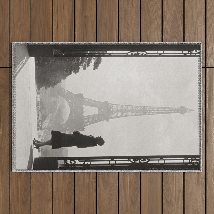 1920 Woman at the Gate, Eiffel Tower black and white photography / jazz age black & white photograph Outdoor Rug