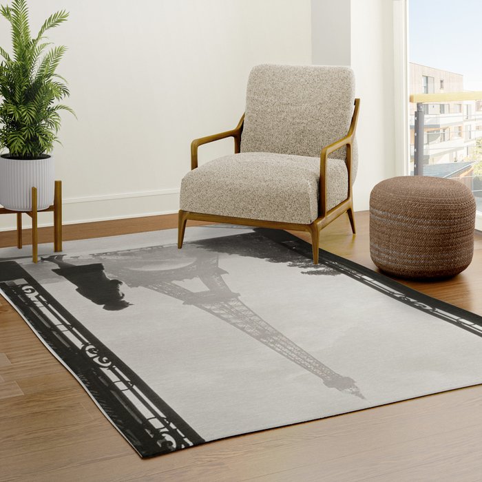 1920 Woman at the Gate, Eiffel Tower black and white photography / jazz age black & white photograph Rug
