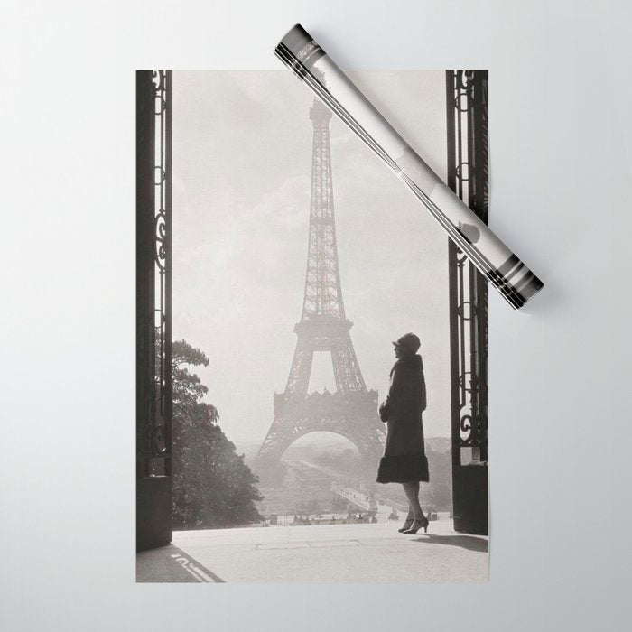 1920 Woman at the Gate, Eiffel Tower black and white photography / jazz age black & white photograph Wrapping Paper