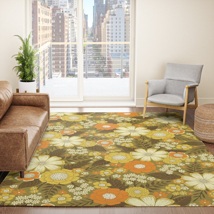 1970s Retro/Vintage Floral Pattern Rug