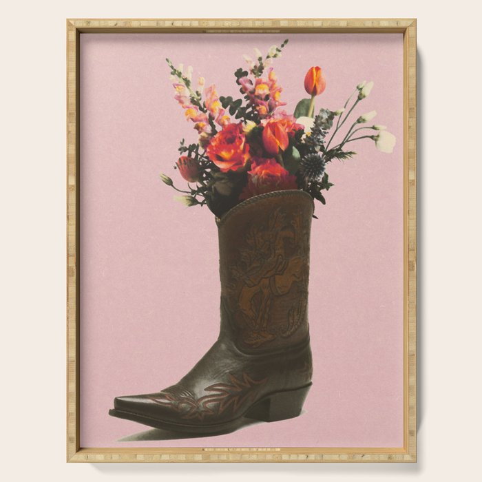 A Cowboy Boot With Spring Bouquet Serving Tray