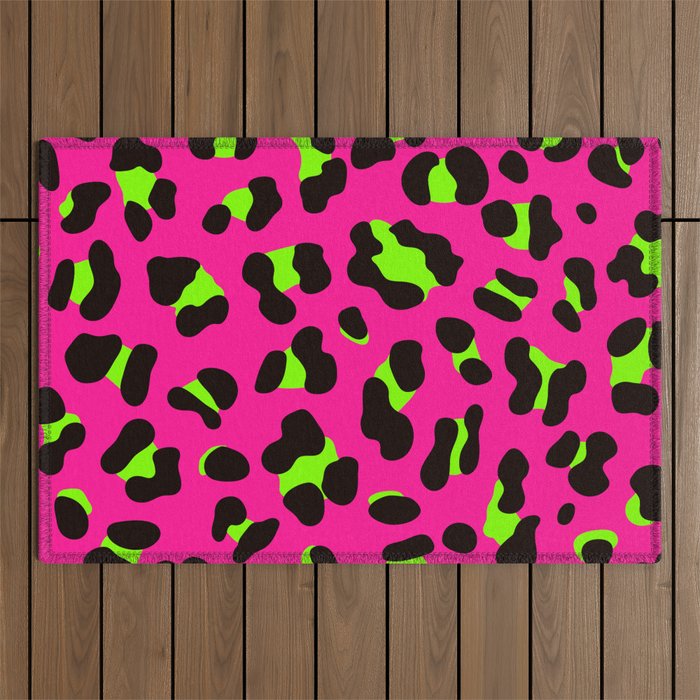 80s Neon Pink and Lime Green Leopard Outdoor Rug