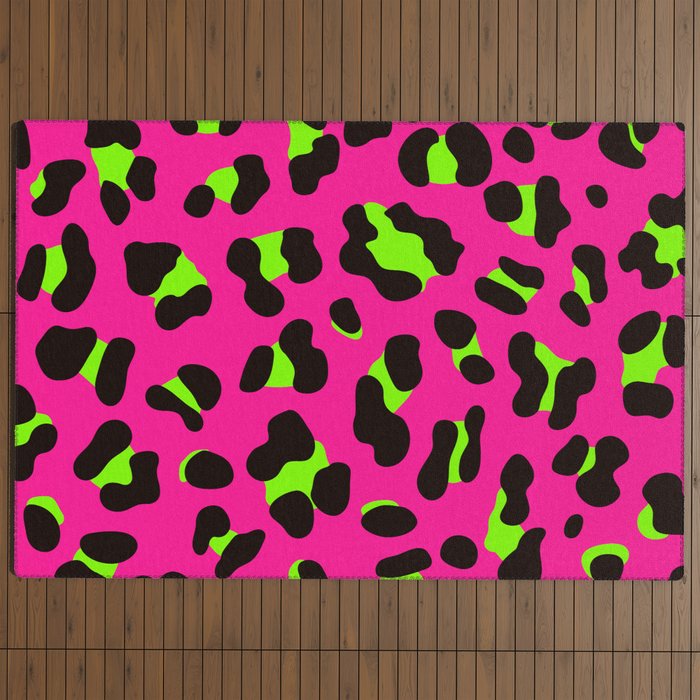 80s Neon Pink and Lime Green Leopard Outdoor Rug