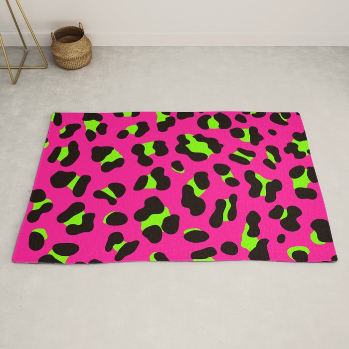 80s Neon Pink and Lime Green Leopard Rug