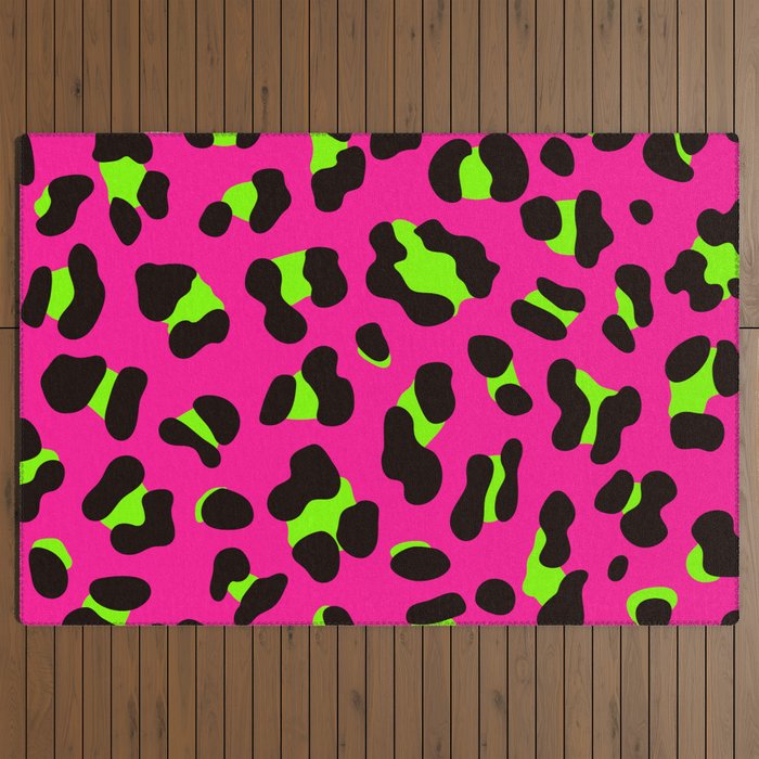 80s Neon Pink and Lime Green Leopard Outdoor Rug