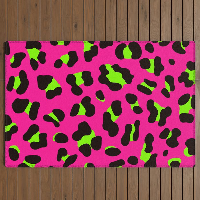80s Neon Pink and Lime Green Leopard Outdoor Rug