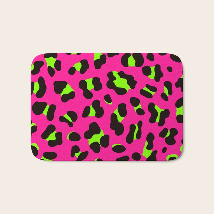 80s Neon Pink and Lime Green Leopard Bath Mat