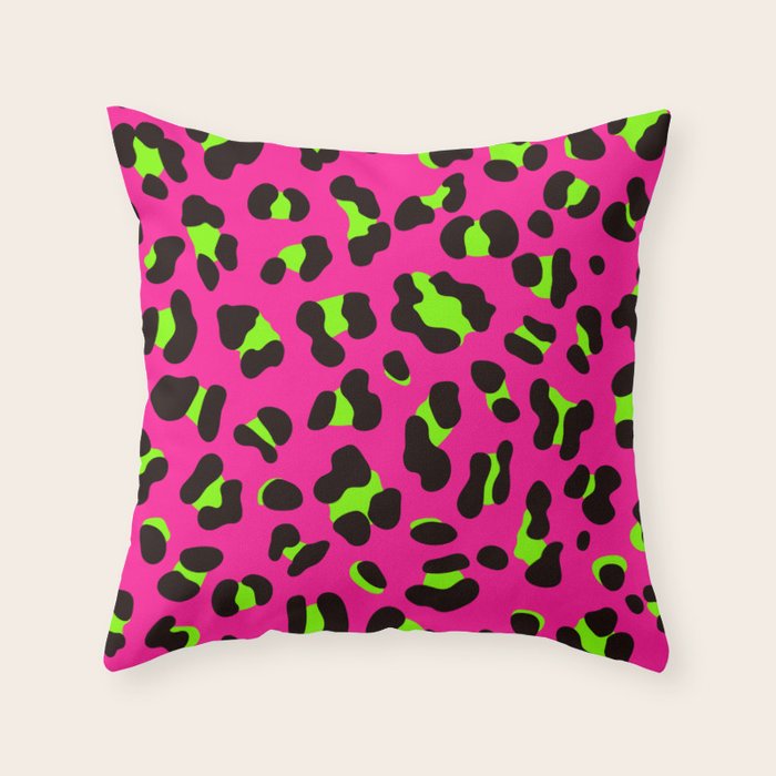 80s Neon Pink and Lime Green Leopard Throw Pillow