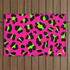 80s Neon Pink and Lime Green Leopard Outdoor Rug