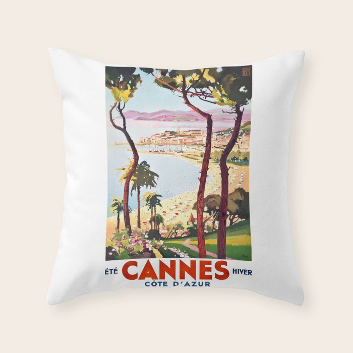 1938 France Cannes Cote D'Azur Travel Poster Throw Pillow