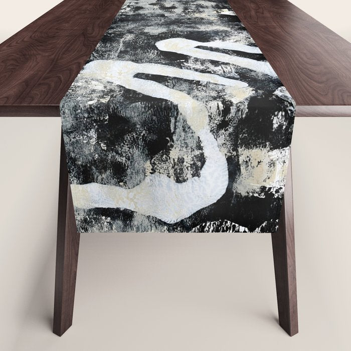 003: a vibrant abstract design in black and white by Alyssa Hamilton Art  Table Runner