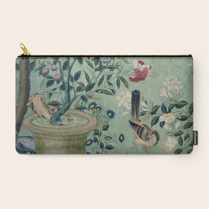18th Century Antique Mint Chinoiserie Bird Garden Fresco 1740 Carry All Pouch