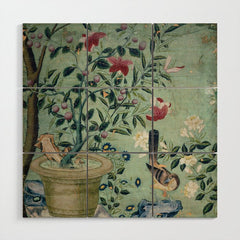 18th Century Antique Mint Chinoiserie Bird Garden Fresco 1740 Wood Wall Art