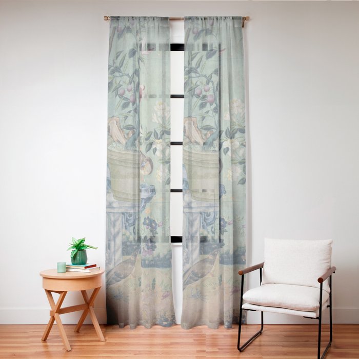 18th Century Antique Mint Chinoiserie Bird Garden Fresco 1740 Window Curtain
