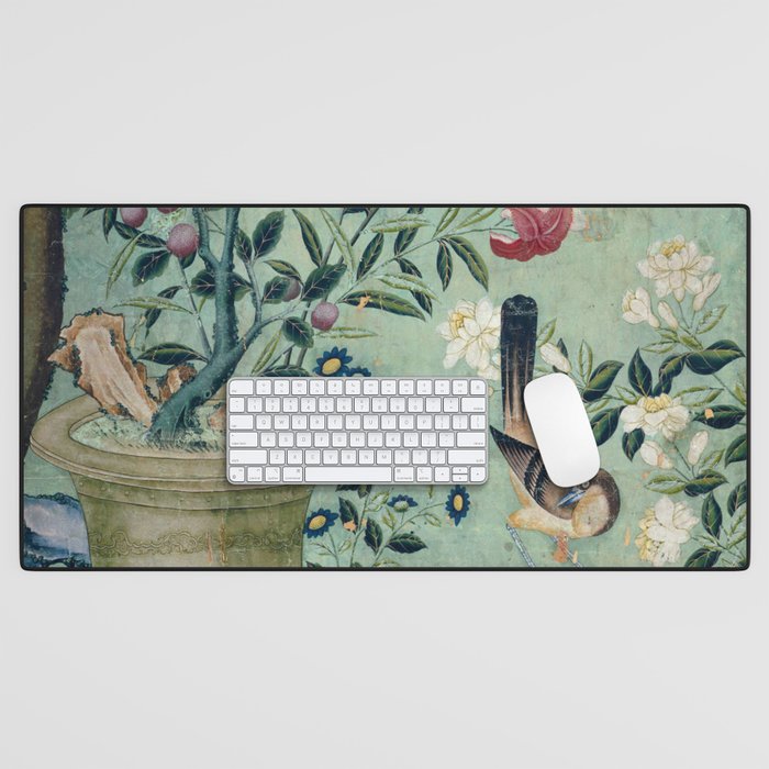 18th Century Antique Mint Chinoiserie Bird Garden Fresco 1740 Desk Mat