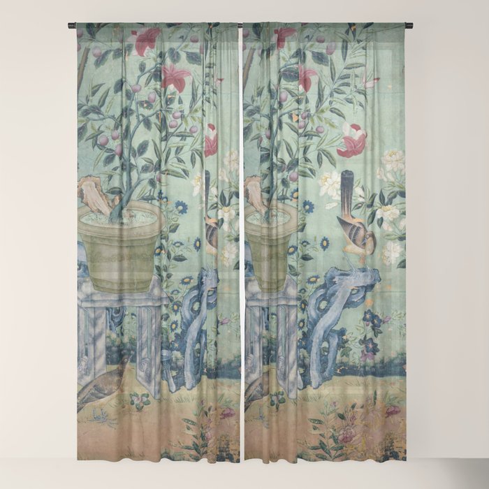 18th Century Antique Mint Chinoiserie Bird Garden Fresco 1740 Window Curtain