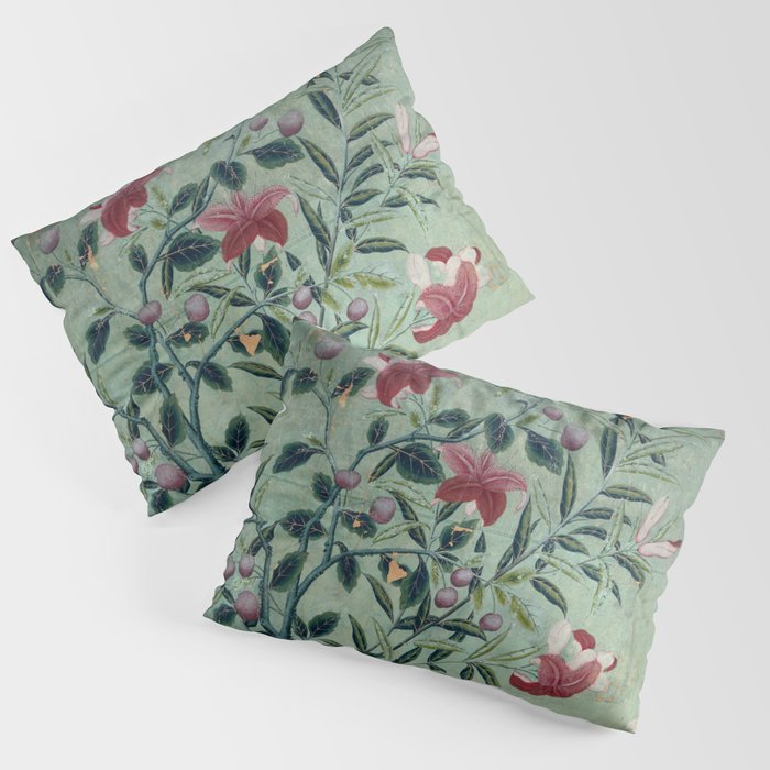 18th Century Antique Mint Chinoiserie Bird Garden Fresco 1740 Pillow Sham