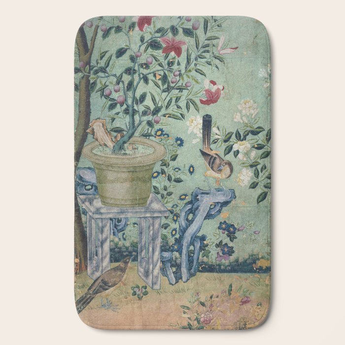 18th Century Antique Mint Chinoiserie Bird Garden Fresco 1740 Bath Mat