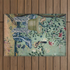 18th Century Antique Mint Chinoiserie Bird Garden Fresco 1740 Outdoor Rug
