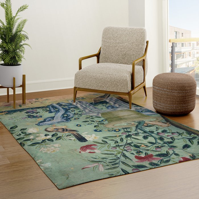 18th Century Antique Mint Chinoiserie Bird Garden Fresco 1740 Rug
