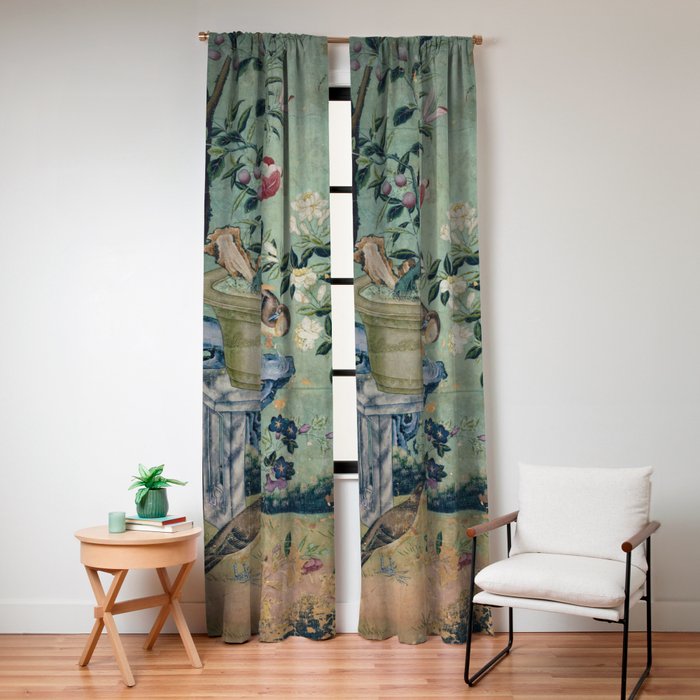 18th Century Antique Mint Chinoiserie Bird Garden Fresco 1740 Window Curtain