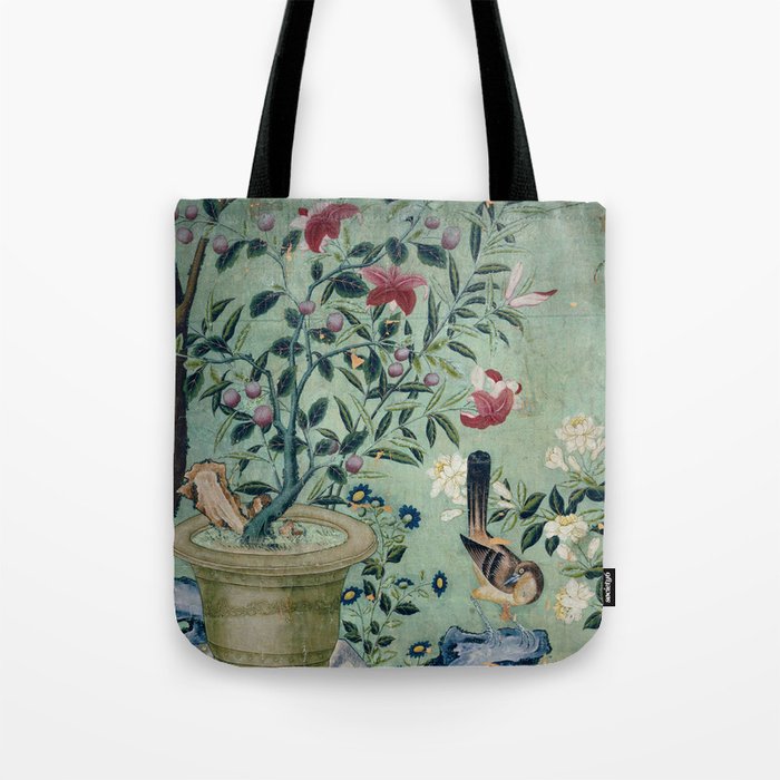 18th Century Antique Mint Chinoiserie Bird Garden Fresco 1740 Tote Bag