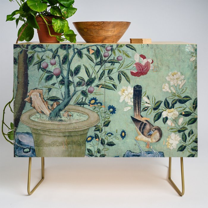 18th Century Antique Mint Chinoiserie Bird Garden Fresco 1740 Credenza