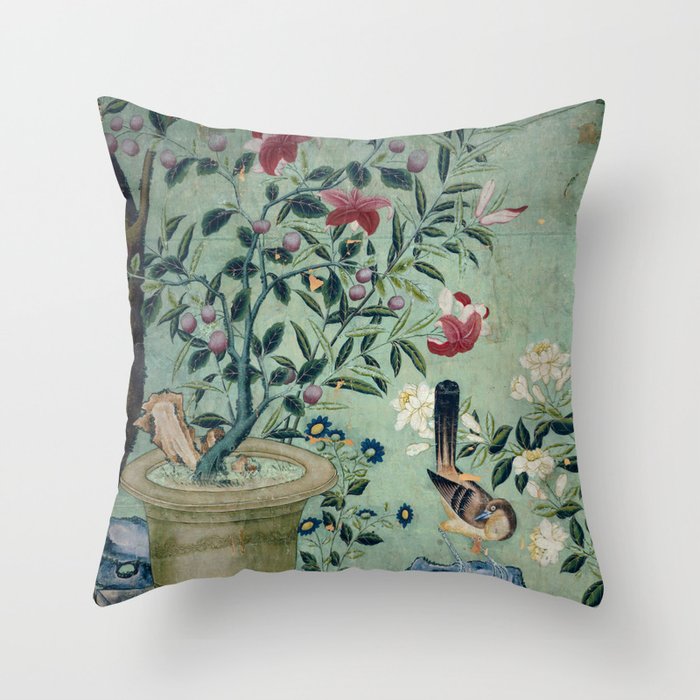 18th Century Antique Mint Chinoiserie Bird Garden Fresco 1740 Throw Pillow